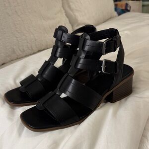 FRYE AND CO. Black Multi-Strap Buckle Block Heels